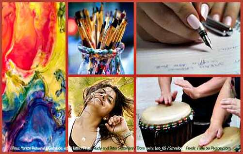 IN HOPE Fortbildung Kreativ- und Ausdruckstherapie, Collage Trommlen, Schreiben, Malen, Tanzen
