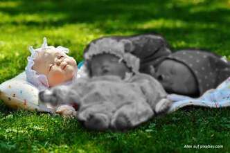 Drei Puppen liegen im Gras