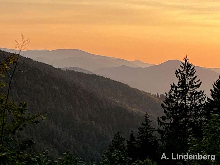 Annes Seelengarten Sonnenuntergang Schwarzwald Hügel und orangefarbener Himmel