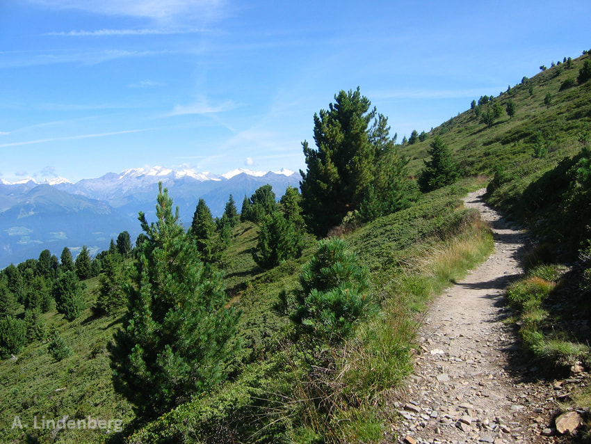 Annes Seelengarten Wege Wanderweg in Südtirol, links ein  Tal, im Hintergrund Berge